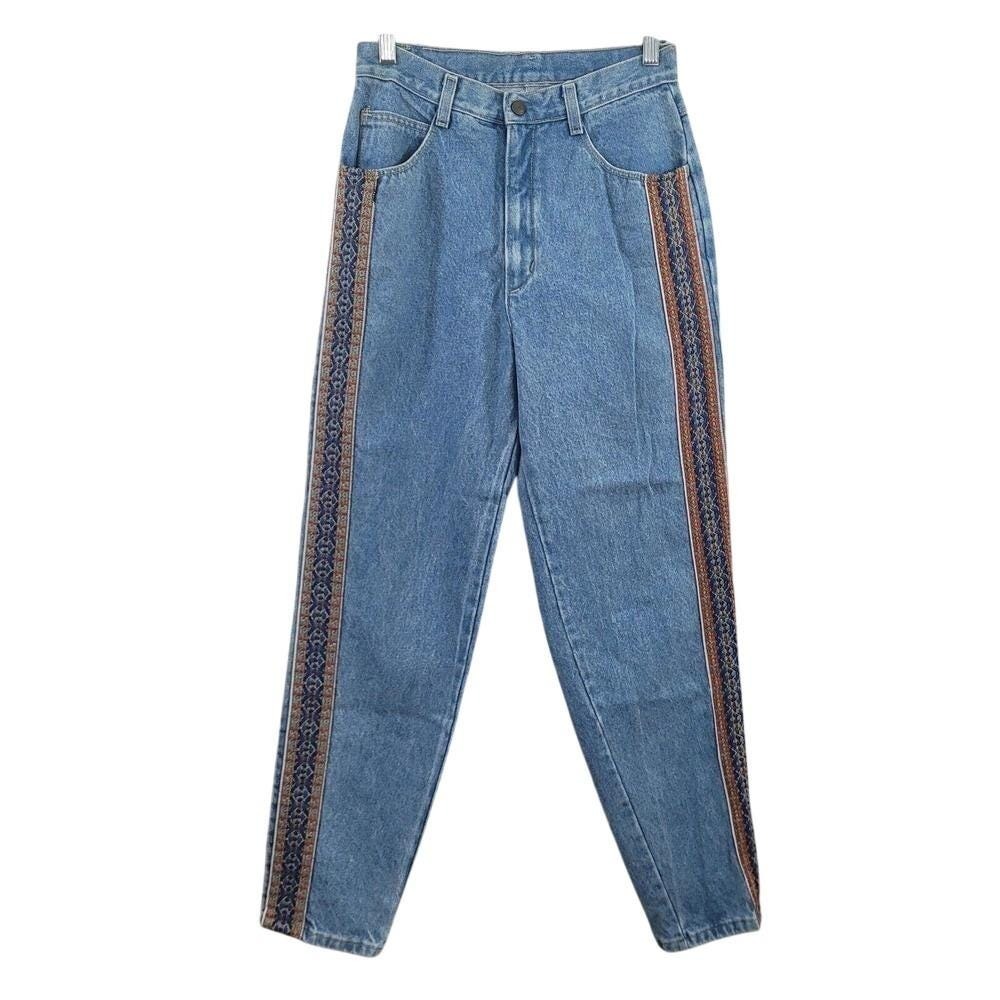 Vivaldi Jeanswear Vintage 90s High Waisted Mom Jeans Tapestry Trim Blue Women 26